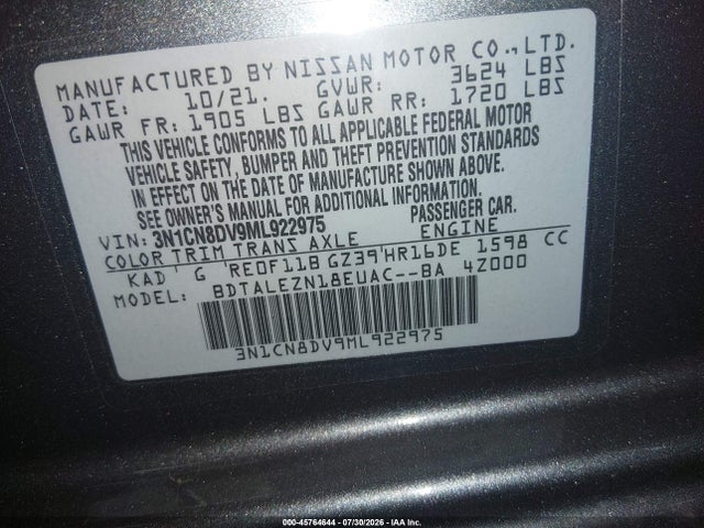 Nissan Versa S Xtronic Cvt 2021 3N1CN8DV9ML922975 Image 9