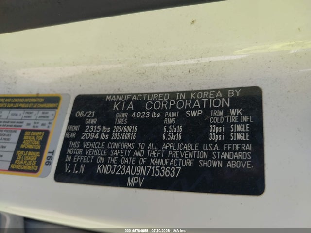 2022 Kia Soul Lx მანქანა იყიდება აუქციონზე, vin: KNDJ23AU9N7153637, აუქციონის ნომერი: 45764658