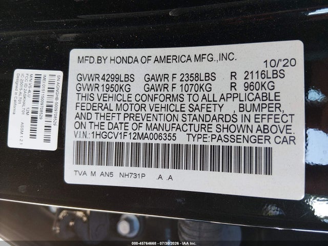 Honda ACCORD LX 2021 1HGCV1F12MA006355 Image 9