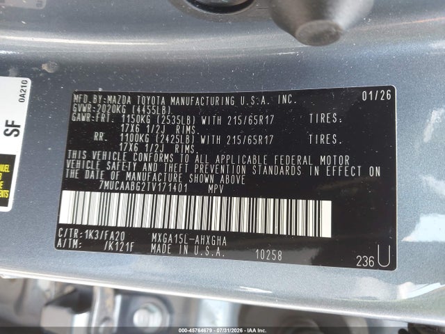 45764679 :رقم المزاد ، 7MUCAABG2TV171401 vin ، 2026 Toyota Corolla Cross Le مزاد بيع