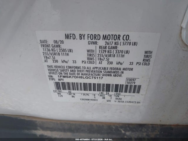 45764684 :رقم المزاد ، 1FMSK7DH8LGC75117 vin ، 2020 Ford Explorer Xlt مزاد بيع
