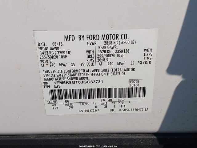 Продажа на аукционе авто 2018 Ford Explorer Sport, vin: 1FM5K8GT0JGC83731, номер лота: 45764685