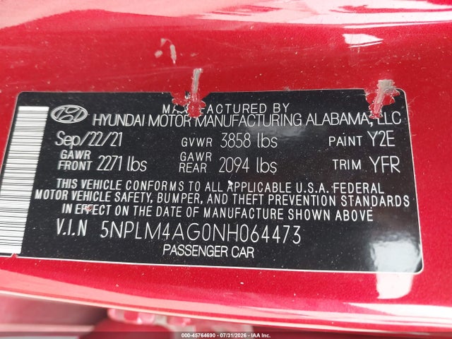 Aukcja sprzedaży 2022 Hyundai Elantra Sel, vin: 5NPLM4AG0NH064473, numer aukcji: 45764690