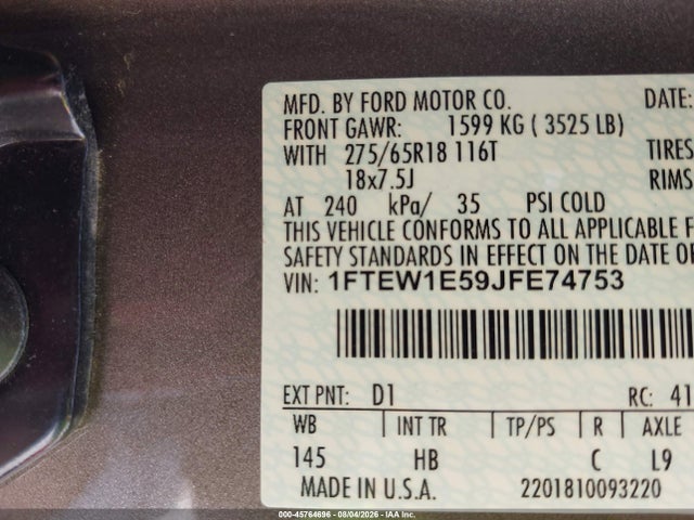 Auction sale of the 2018 Ford F-150 Lariat, vin: 1FTEW1E59JFE74753, lot number: 45764696