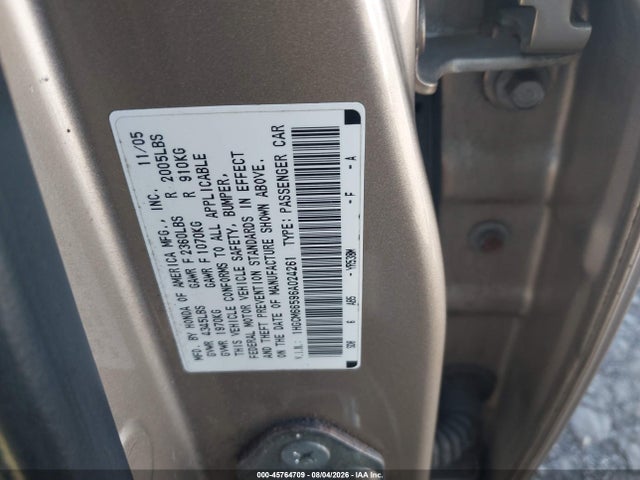 45764709 :رقم المزاد ، 1HGCM66596A024261 vin ، 2006 Honda Accord 3.0 Ex مزاد بيع