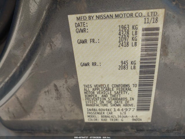 2019 Nissan Altima 2.5 Sv მანქანა იყიდება აუქციონზე, vin: 1N4BL4DV4KC144977, აუქციონის ნომერი: 45764727