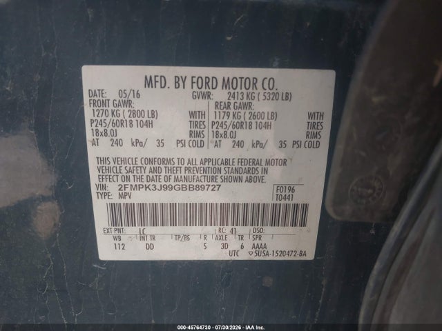 Продаж на аукціоні авто 2016 Ford Edge Sel, vin: 2FMPK3J99GBB89727, номер лоту: 45764730