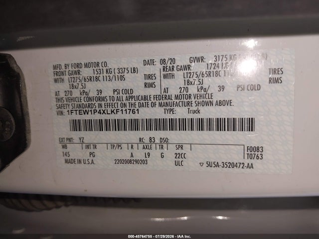 1FTEW1P4XLKF11761 Ford F-150 Police Responder Xl
