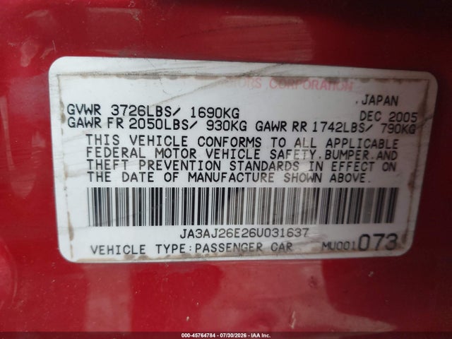 2006 Mitsubishi Lancer Es/se მანქანა იყიდება აუქციონზე, vin: JA3AJ26E26U031637, აუქციონის ნომერი: 45764784