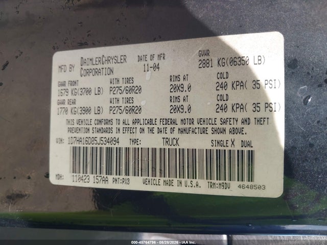 Продажа на аукционе авто 2005 Dodge Ram 1500 Slt/laramie, vin: 1D7HA16D85J534094, номер лота: 45764796
