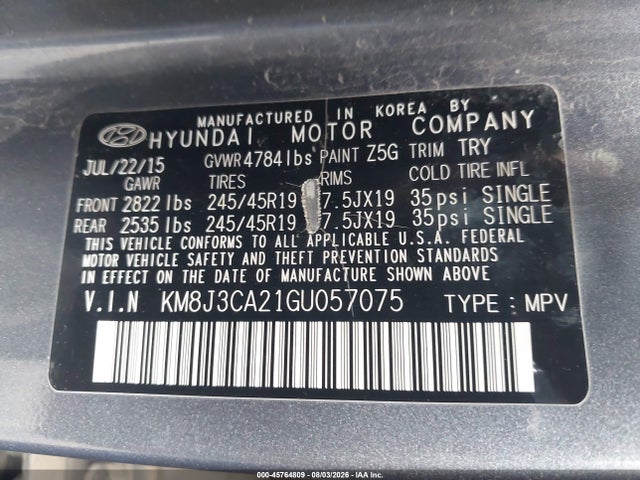 Aukcja sprzedaży 2016 Hyundai Tucson Limited, vin: KM8J3CA21GU057075, numer aukcji: 45764809