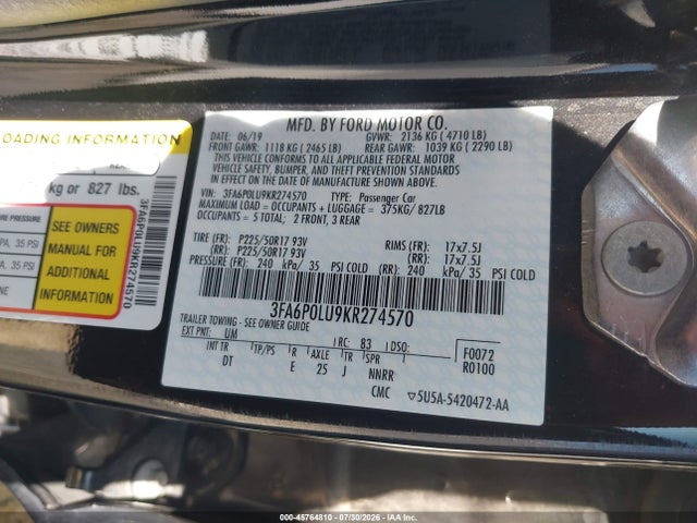 Ford Fusion Hybrid Se 2019 3FA6P0LU9KR274570 Image 9