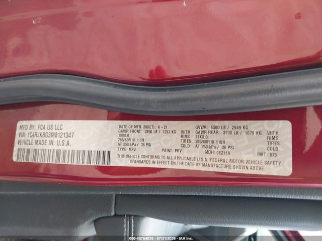2021 Jeep Grand Cherokee L Limited 4x4 მანქანა იყიდება აუქციონზე, vin: 1C4RJKBG3M8121347, აუქციონის ნომერი: 45764826
