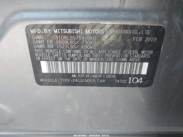 Aukcja sprzedaży 2019 Mitsubishi Mirage G4 Es, vin: ML32F3FJXKHF13808, numer aukcji: 45764827