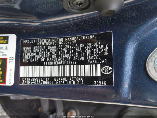 45764832 :رقم المزاد ، 4T1BK1EB8FU179839 vin ، 2015 Toyota Avalon Xle Touring مزاد بيع