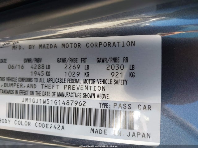 Продаж на аукціоні авто 2016 Mazda Mazda6 I Grand Touring, vin: JM1GJ1W51G1487962, номер лоту: 45764839