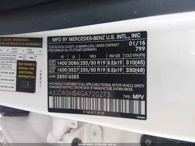 Aukcja sprzedaży 2016 Mercedes-benz Gle 350 4matic, vin: 4JGDA5HB4GA720273, numer aukcji: 45764842