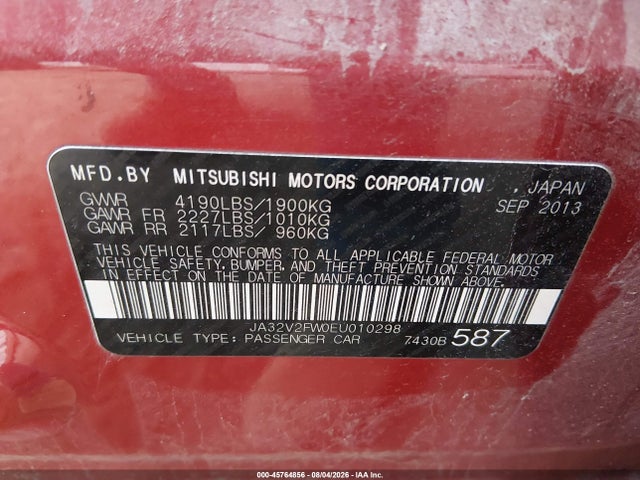 Aukcja sprzedaży 2014 Mitsubishi Lancer Se, vin: JA32V2FW0EU010298, numer aukcji: 45764856