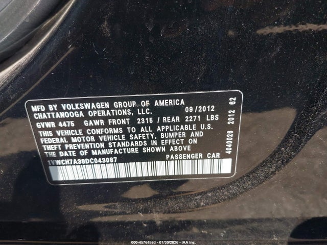 Aukcja sprzedaży 2013 Volkswagen Passat 2.5l Sel Premium, vin: 1VWCH7A38DC043087, numer aukcji: 45764863