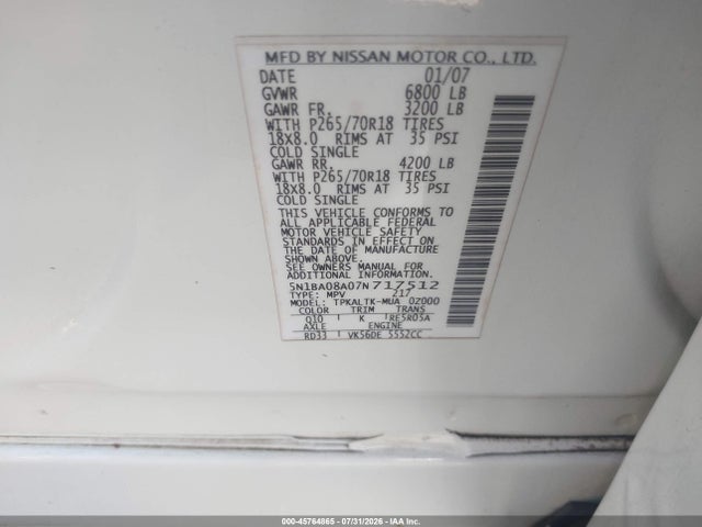 Aukcja sprzedaży 2007 Nissan Armada Se, vin: 5N1BA08A07N717512, numer aukcji: 45764865