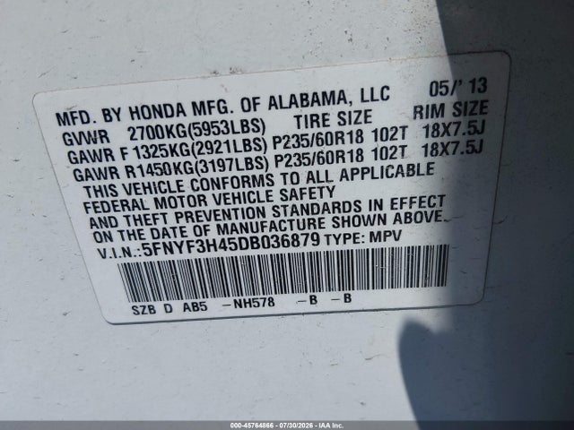 45764866 :رقم المزاد ، 5FNYF3H45DB036879 vin ، 2013 Honda Pilot Ex مزاد بيع