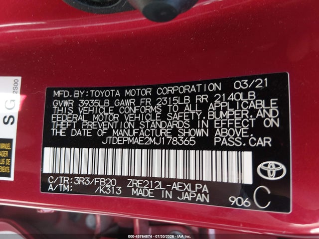 Продаж на аукціоні авто 2021 Toyota Corolla Le, vin: JTDEPMAE2MJ178365, номер лоту: 45764874