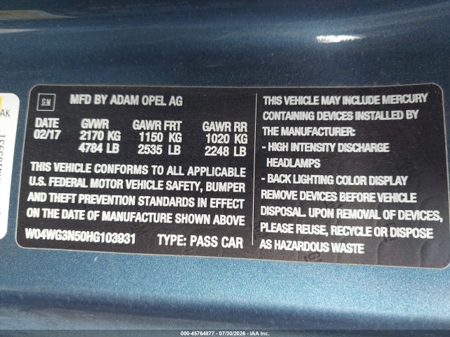 2017 Buick Cascada მანქანა იყიდება აუქციონზე, vin: W04WG3N50HG103931, აუქციონის ნომერი: 45764877