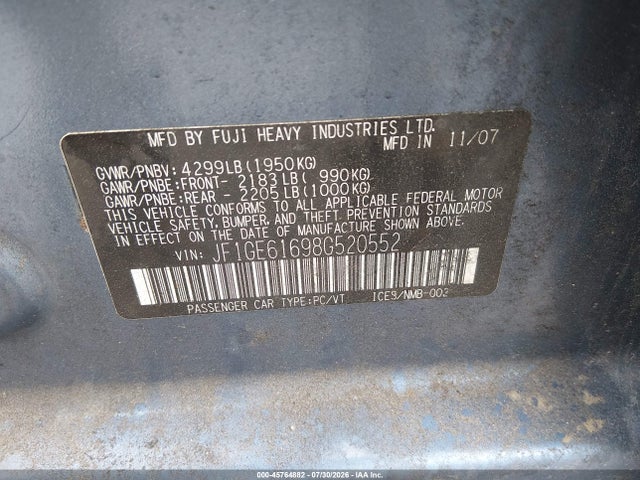 2008 Subaru Impreza 2.5i მანქანა იყიდება აუქციონზე, vin: JF1GE61698G520552, აუქციონის ნომერი: 45764882