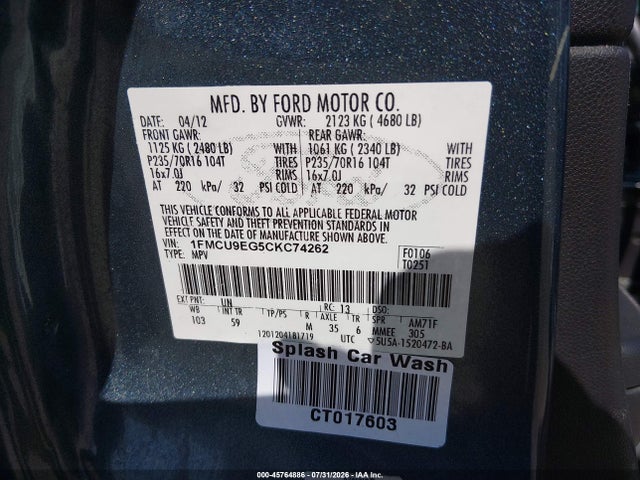Продаж на аукціоні авто 2012 Ford Escape Limited, vin: 1FMCU9EG5CKC74262, номер лоту: 45764886