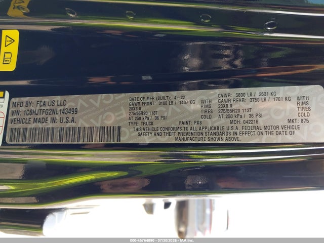 Продаж на аукціоні авто 2022 Jeep Gladiator High Altitude 4x4, vin: 1C6HJTFG2NL143499, номер лоту: 45764890
