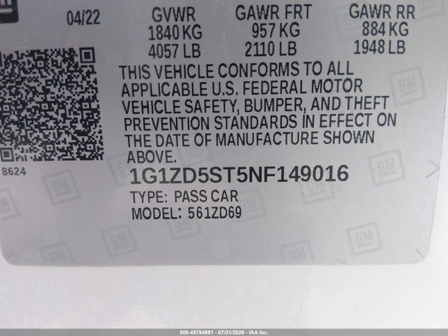 2022 Chevrolet Malibu Fwd Lt მანქანა იყიდება აუქციონზე, vin: 1G1ZD5ST5NF149016, აუქციონის ნომერი: 45764891