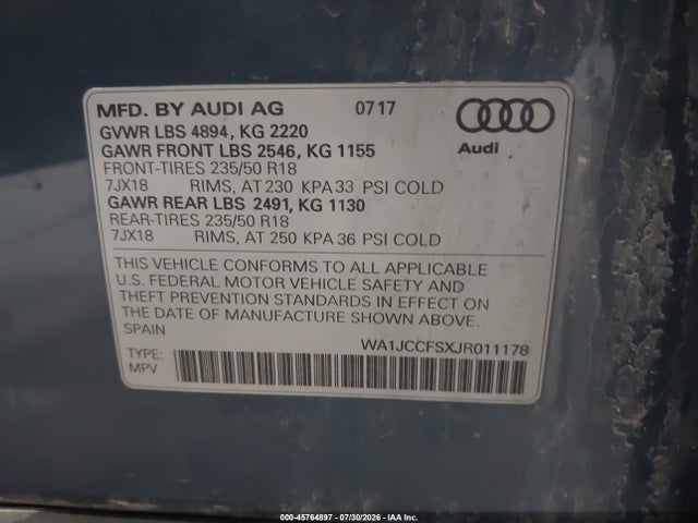 45764897 :رقم المزاد ، WA1JCCFSXJR011178 vin ، 2018 Audi Q3 2.0t Premium مزاد بيع