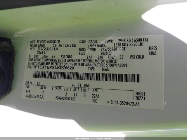 Ford F-150 Xl 2020 1FTEX1EPXLKD76629 Image 9