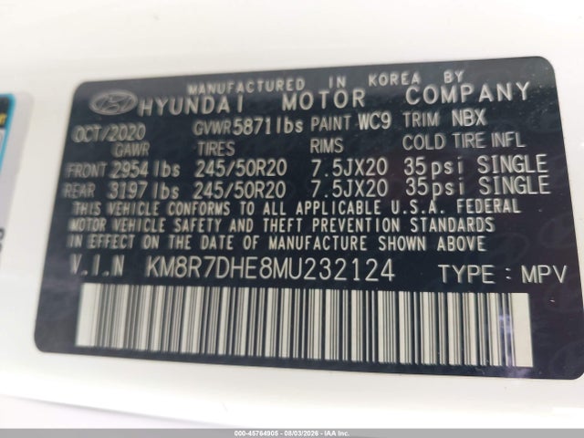 2021 Hyundai Palisade Calligraphy მანქანა იყიდება აუქციონზე, vin: KM8R7DHE8MU232124, აუქციონის ნომერი: 45764905