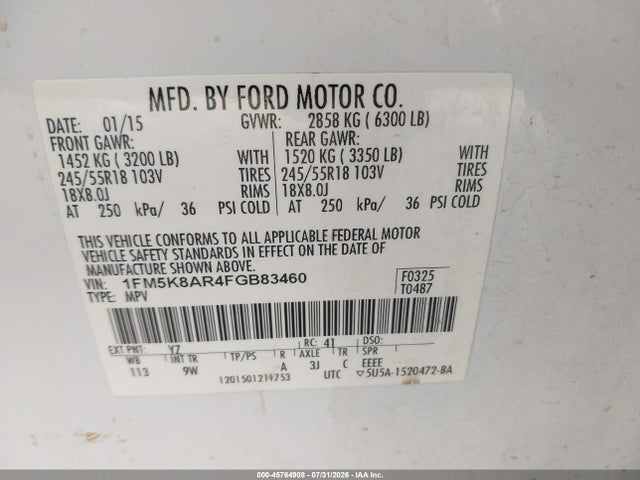 Продажа на аукционе авто 2015 Ford Utility Police Interceptor, vin: 1FM5K8AR4FGB83460, номер лота: 45764908