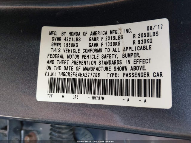 2017 Honda Accord Ex-l მანქანა იყიდება აუქციონზე, vin: 1HGCR2F84HA277706, აუქციონის ნომერი: 45764912