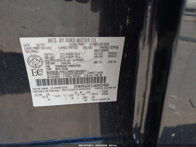 2010 Ford Flex Limited მანქანა იყიდება აუქციონზე, vin: 2FMHK6DC1ABD02400, აუქციონის ნომერი: 45764913