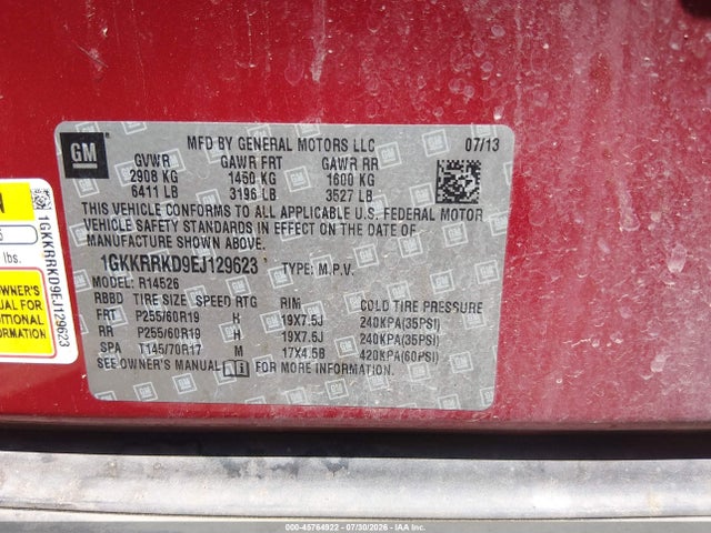 2014 Gmc Acadia Slt-1 მანქანა იყიდება აუქციონზე, vin: 1GKKRRKD9EJ129623, აუქციონის ნომერი: 45764922