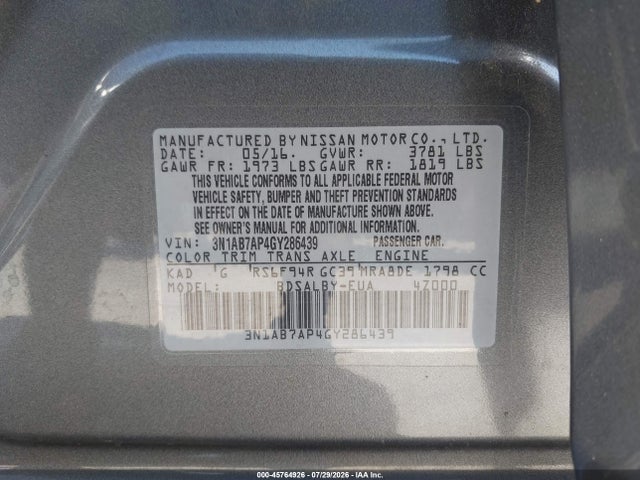 Nissan SENTRA S 2016 3N1AB7AP4GY286439 Image 9