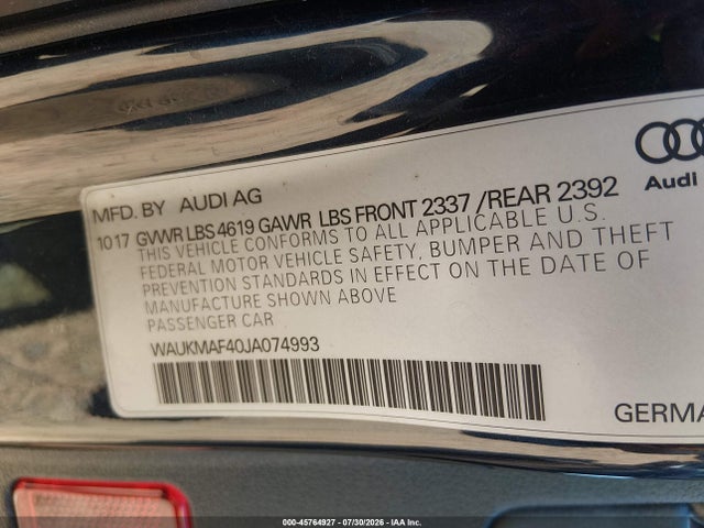 Aukcja sprzedaży 2018 Audi A4 2.0t Tech Ultra Premium/2.0t Ultra Premium, vin: WAUKMAF40JA074993, numer aukcji: 45764927