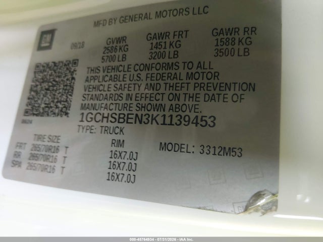 Продаж на аукціоні авто 2019 Chevrolet Colorado Wt, vin: 1GCHSBEN3K1139453, номер лоту: 45764934