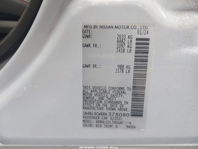 2024 Nissan Altima Sr Intelligent Awd მანქანა იყიდება აუქციონზე, vin: 1N4BL4CW8RN378080, აუქციონის ნომერი: 45764936