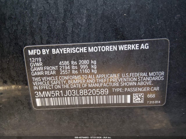 Aukcja sprzedaży 2020 Bmw 330i, vin: 3MW5R1J03L8B20589, numer aukcji: 45764953
