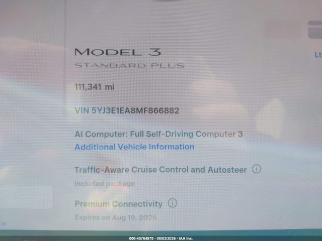 Aukcja sprzedaży 2021 Tesla Model 3 Standard Range Plus Rear-wheel Drive, vin: 5YJ3E1EA8MF866882, numer aukcji: 45764978