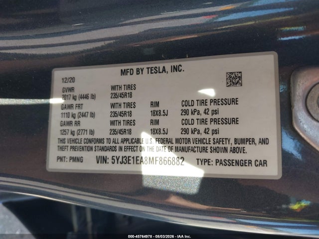 Aukcja sprzedaży 2021 Tesla Model 3 Standard Range Plus Rear-wheel Drive, vin: 5YJ3E1EA8MF866882, numer aukcji: 45764978