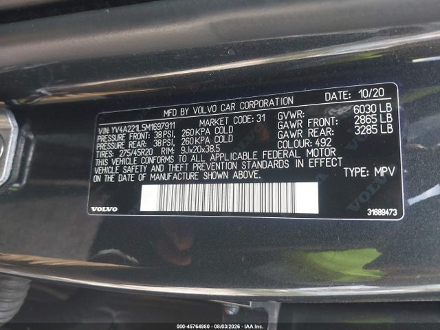 Продажа на аукционе авто 2021 Volvo Xc90 T6 Inscription 6 Passenger, vin: YV4A221L5M1697911, номер лота: 45764980