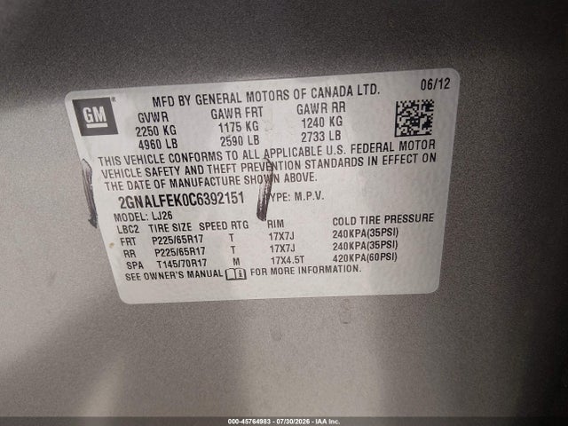 Aukcja sprzedaży 2012 Chevrolet Equinox Ltz, vin: 2GNALFEK0C6392151, numer aukcji: 45764983