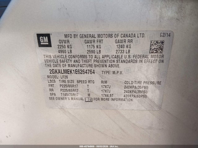 Продаж на аукціоні авто 2014 Gmc Terrain Sle-1, vin: 2GKALMEK1E6264764, номер лоту: 45764989