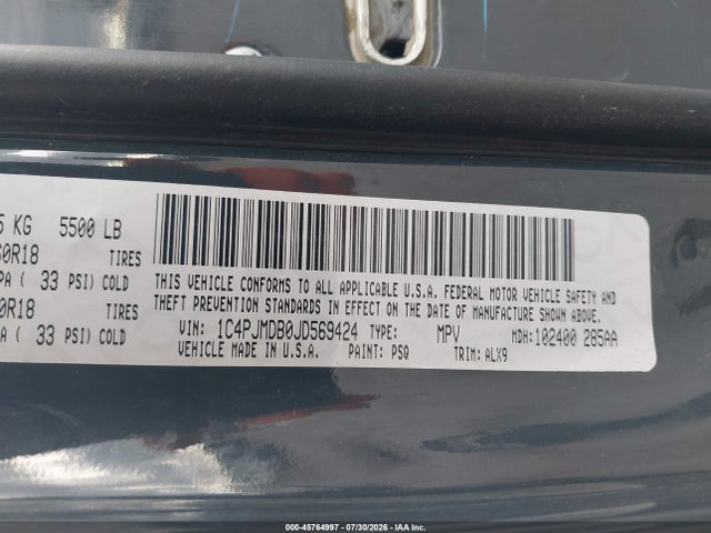 2018 Jeep Cherokee Limited 4x4 მანქანა იყიდება აუქციონზე, vin: 1C4PJMDB0JD569424, აუქციონის ნომერი: 45764997