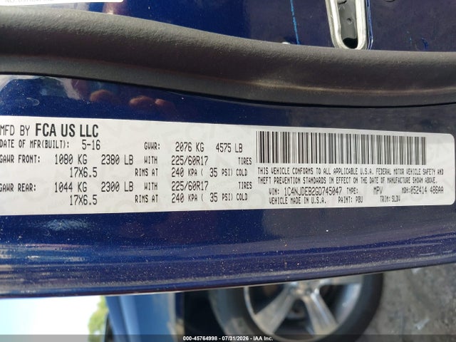 Продаж на аукціоні авто 2016 Jeep Compass High Altitude Edition, vin: 1C4NJDEB2GD745047, номер лоту: 45764998